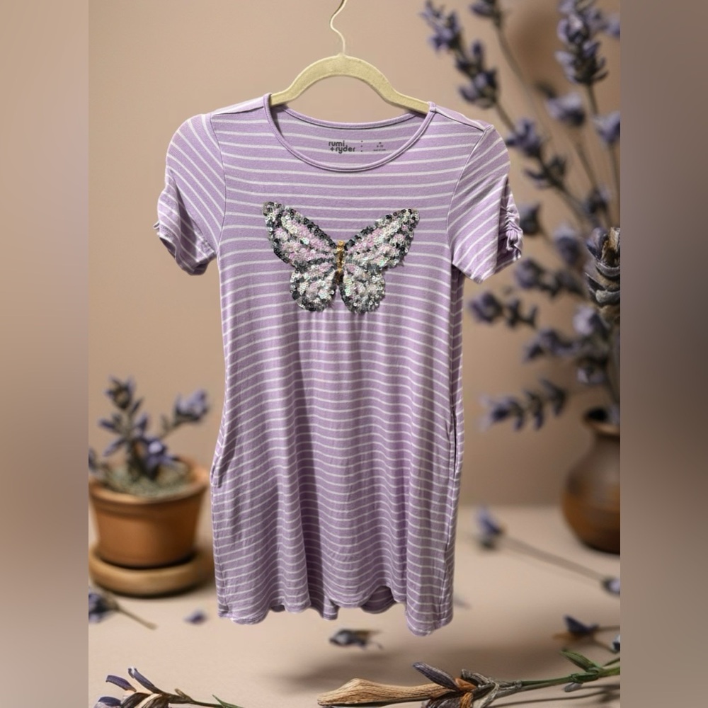 Rumi + Ryder Purple Stripe Sequin Butterfly Dress | Girls M (8–10)